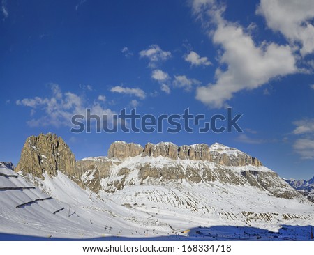 Mountain group Sella and pass Pordoi (Gruppo del Sella, Passo Pordoi), Dolomiti mountain - South Tyrol, Italy, Europe, UNESCO World Heritage Site