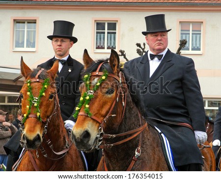 WITTICHENAU, GERMANY - EASTER SUNDAY 4 APRIL: The Easter Riders of Upper Lusatia  announce the news of Jesus resurrection on April 4, 2010 in Wittichenau. This announcement parade happens every year.