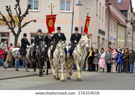 WITTICHENAU, GERMANY - EASTER SUNDAY APRIL 4: The Easter Riders of Upper Lusatia  announce the news of Jesus resurrection on April 4, 2010 in Wittichenau. This announcement parade happens every year.