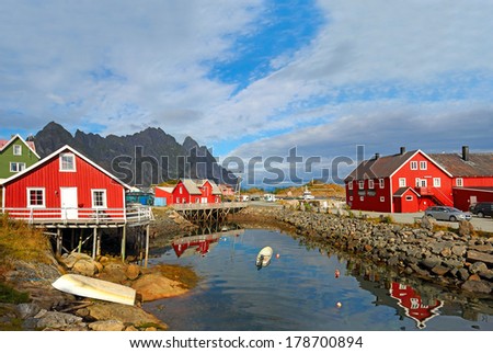 HENNINGSVAER, NORWAY - AUGUST 22: Traditional fishing village Henningsvaer in  Lofoten islands on August 22, 2011. Village located on several small islands off the Lofoten archipelago in Norway.