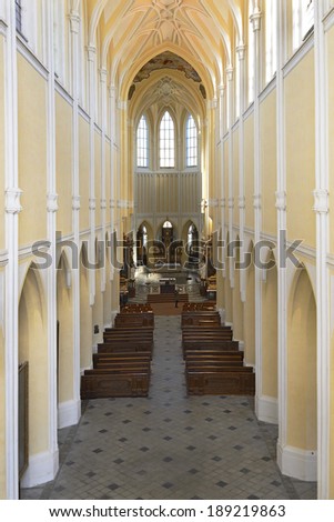 KUTNA HORA, SEDLEC, CZECH REPUBLIC - APRIL 17: Nave of the Cathedral of Assumption of Our Lady and Saint John the Baptist on April 17, 2014. Church is UNESCO World Heritage Site