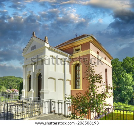 Synagogue in Ustek was built between 1791-1794 in the classical style. Ustek - urban conservation area. The historical centre preserves its beautiful elements of medieval architecture, Czech republic.