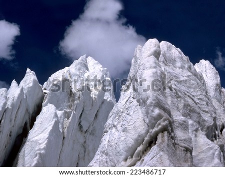Ice fall under the mountain Ismoil Somoni Peak (former Stalin and Communism Peak). Pamir\'s highest mountain range in Central Asia - TAJIK NATIONAL PARK, World Heritage Site by UNESCO