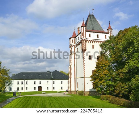 HRADEC NAD MORAVICI, CZECH REPUBLIC - OCTOBER 11: White Tower and white Castle on October 11, 2014. The castle is one of the most famous in the Czech Republic