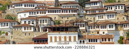 Panorama Old town Berati, windows in Berat - also called city of a thousand windows. Albania, World Heritage Site by UNESCO