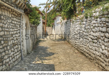 Alley inside the old fort Berat. Berat is a city located in south-central Albania and historical part of the UNESCO World Heritage Site