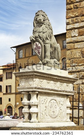FLORENCE, ITALY - APRIL 15:  Heraldic lion near Palazzo Vecchio on the Piazza della Signoria on April 15, 2006. Florence\'s historic center is a UNESCO World Heritage Site
