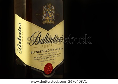 FRYDEK-MISTEK, CZECH REPUBLIC - APRIL 12, 2015: Bottle of Ballantine\'s Finest Scotch Whisky. The brand was established in 1827 when George Ballantine supplied whiskies to his clientele in Edinburgh