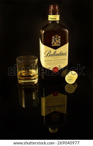 FRYDEK-MISTEK, CZECH REPUBLIC - APRIL 12, 2015: Bottle of Ballantine's Finest Scotch Whisky. The brand was established in 1827 when George Ballantine supplied whiskies to his clientele in Edinburgh