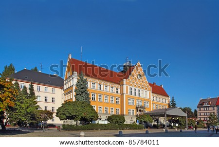 Main Square and City Hall Cesky Tesin, town on the border of Poland and the Czech Republic. It is situated in the heart of the historical region of Cieszyn Silesia.