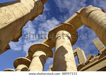 Colonnade of the hypostyle hall in the Temple of Amun-Ra in Karnak. Thebean Vally, Luxor, Egypt, UNESCO World Heritage Site