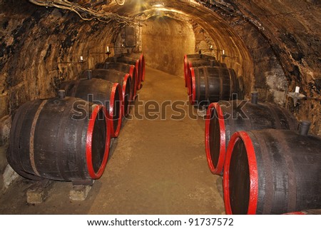 Wine barrels in traditional wine cellar. Tokaj - Unesco World Heritage Site