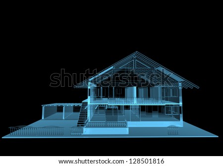 Residential house (3D x-ray blue transparent isolated on black)