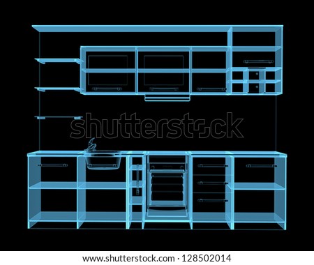 Kitchen furniture (3D x-ray blue transparent isolated on black)