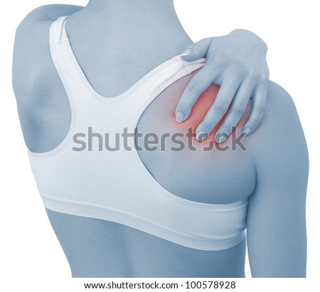 Acute pain in a woman shoulder. Concept photo with blue skin with read spot indicating pain. Isolation on a white background