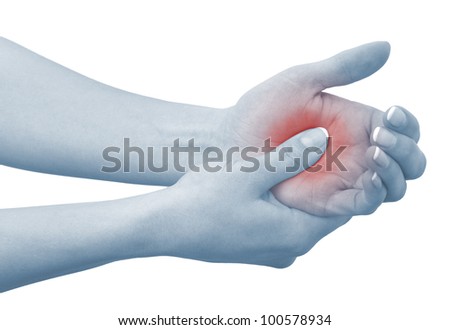 Acute pain in a woman palm. Concept photo with blue skin with read spot indicating pain. Isolation on a white background