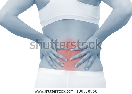 Acute pain in a woman back. Female from behind holding hand to spot of back pain. Color Enhanced blue skin with read spot indicating location of the pain. Isolation on a white background.