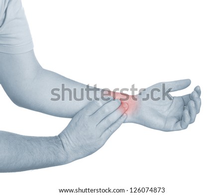 Acute pain in a man wrist. Male holding hand to spot of wrist pain. Concept photo with Color Enhanced blue skin with read spot indicating location of the pain. Isolation on a white background.