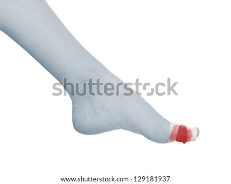 Sterile bandage on cut wound in  foot finger. Isolated on white.