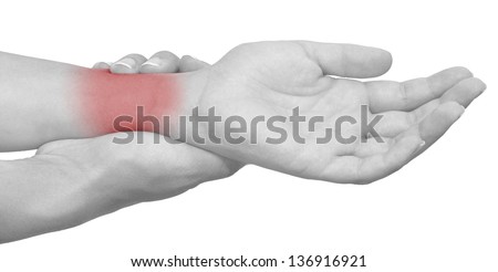 Acute pain in a woman wrist. Isolation on a white background.Color Manipulation image to emphasize the pain.