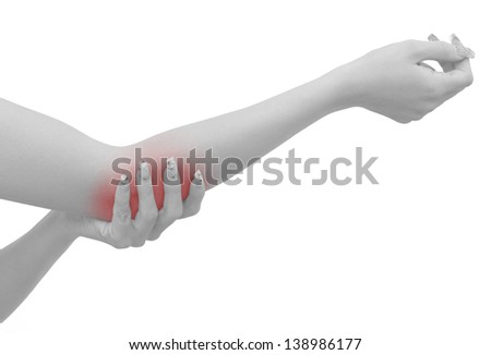 Pain in a woman elbow. Female holding hand to spot of elbow pain. Concept photo with Color Enhanced blue skin with read spot indicating location of the pain. Isolation on a white background.
