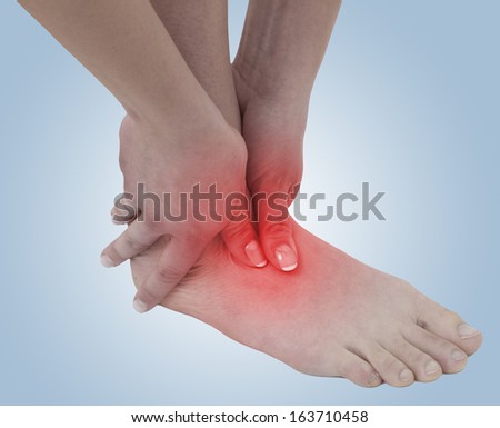 Acute pain in a woman ankle. Concept photo with blue skin with read spot indicating pain.