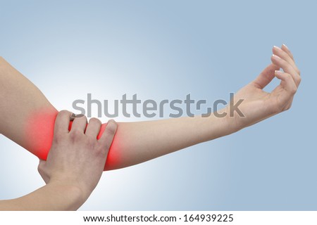 Acute pain in a woman wrist. Female holding hand to spot of wrist pain.