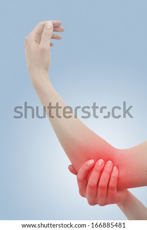 Acute pain in a woman elbow. Female holding hand to spot of elbow pain. Concept photo with Color Enhanced blue skin with read spot indicating location of the pain. Isolation on a white background.