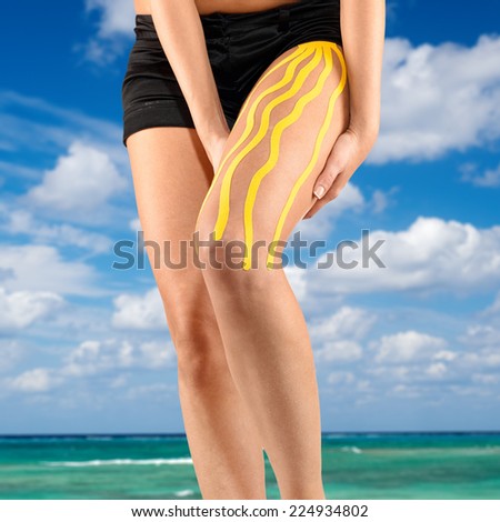 Physiotherapy treatment with therapeutic tape for leg pain, aches and tension. It is also used for prevention and treatment in competitive sports.