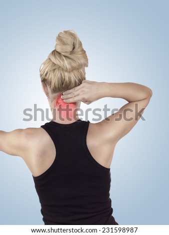 Pain in woman neck. Female holding hands on spot pain neck.