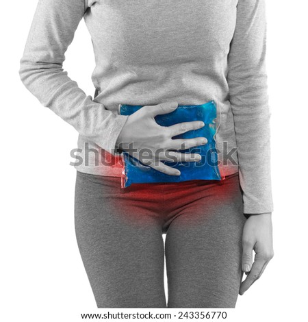 Gel cool pack to kill the pain. Physical Therapy for Belly, stomach Pain. Medical concept photo.