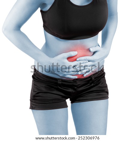 Woman with both palm around waistline to show pain and injury on belly area. Medical health care concept.