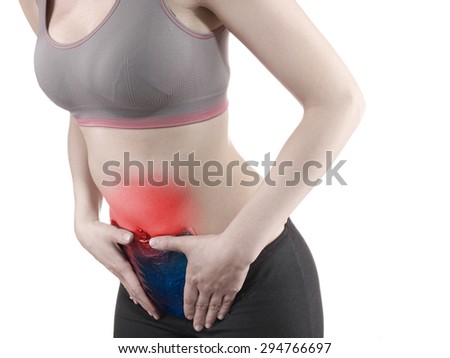 Woman\'s hands on stomach with Ice Packs for Pain Relief.  Pain medical concept.