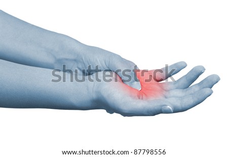 Acute pain in a woman palm. Isolation on a white background.Color Manipulation image to emphasize the pain.