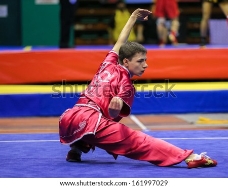 KUALA LUMPUR - NOV 03: Paul Roundeau of France shows his fighting style in the \'changquan compulsory\' event at the 12th World Wushu Championship on November 03, 2013 in Kuala Lumpur, Malaysia.