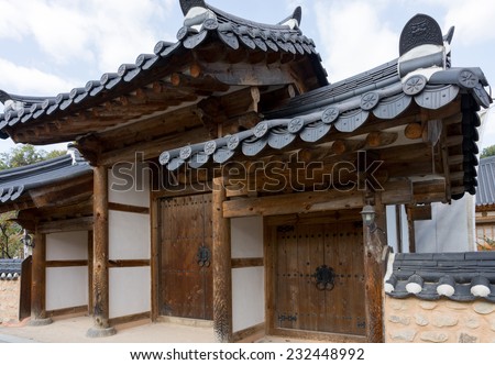 Gateway serving as entrance gates into traditional houses in Jeonju Hanok Village. The architecture is based on the traditional Korean \'hanok\' houses