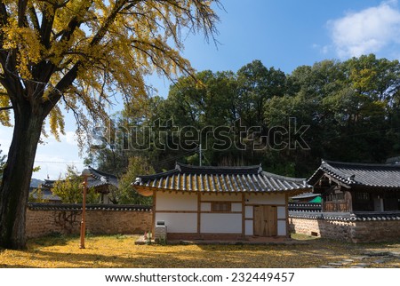 Gardens and traditional houses in Jeonju Hanok Village. The architecture is based on the traditional Korean \'hanok\' houses