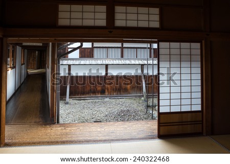 TAKAYAMA, JAPAN - DECEMBER 03, 2014: View of Takayama Jinya house shows the rooms and gardens. It is the home of the governor of Hida province build in 1692, is the oldest surviving house in Japan.