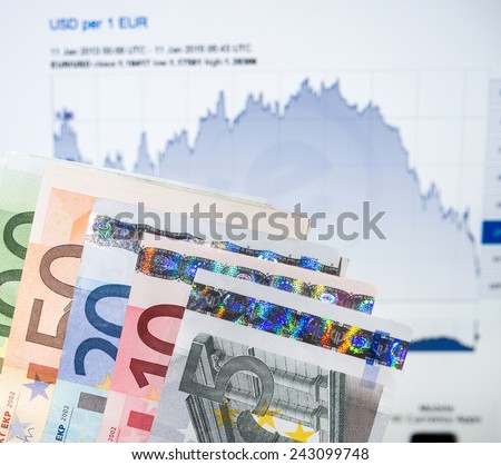 FRANKURT, GERMANY - JANUARY 11, 2015: The Euro currency continues to fall against the US dollar and is predicted to continue so as the U.S. economy continues to show strong growth.