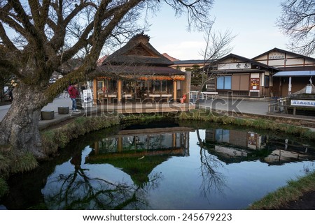 MOUNT FUJI - DECEMBER 03, 2015: Tourists visit Oshino village at the foot of Mount Fuji to view the snow-capped volcano. The water in the lakes of this village is fed by the melting snow from Mt Fuji.