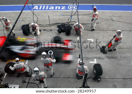 SEPANG, MALAYSIA - APRIL 5: Vodafone McLaren Mercedes pit-stop at the final race of the 2009 F1 Petronas Malaysian Grand Prix. April 5, 2009 in Sepang Malaysia.