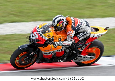 SEPANG, MALAYSIA - OCTOBER 25: Team Repsol Honda\'s Dani Pedrosa in  the 2009 Shell Advance Malaysian Motorcycle GP. October 25, 2009 in Malaysia.