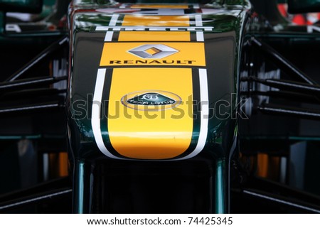 PUTRAJAYA, MALAYSIA - APRIL 2: Image capturing livery details of the Team Lotus F1 car seen on display at the F1 Street Demo promoting the Petronas Malaysian F1 GP. April 2, 2011 Putrajaya, Malaysia.