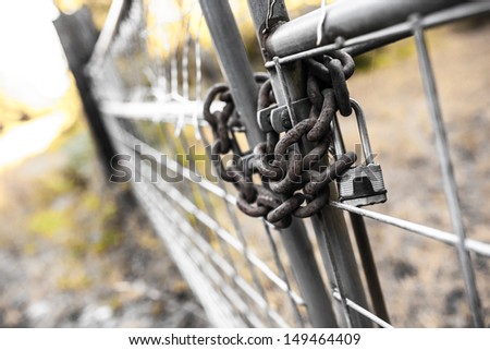 A padlock on a steel chain link fence.