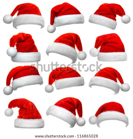 Set of red Santa Claus hats isolated on white background Set of red Santa Claus hats isolated on white background