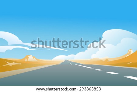 The road into desert. Vector illustration of a road in the deserted landscape, with a blue sky and the great cumulus clouds in the background. Empty space leaves room for design elements or text.