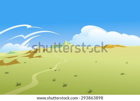 Vector illustration of a twisted paths, aiming for a horizon in the deserted  landscape, with a blue sky and some clouds in the background. Empty space leaves room for design elements or text.