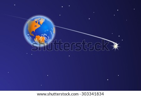 Space journey. Vector illustration of The Planet Earth from Space, with stars, the bright comet and comet\'s tail. Empty space leaves room for design elements or text.Postcard. Poster. Background.