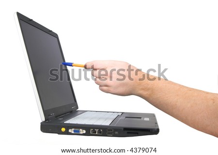 Laptop notebook isolated on white with hand pointing with pen