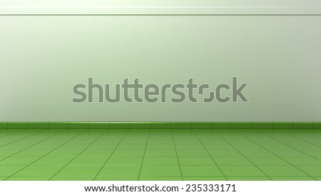 Room for Exhibition. 3D Rendering of Empty Wall with Green Porcelain Floor Tiles